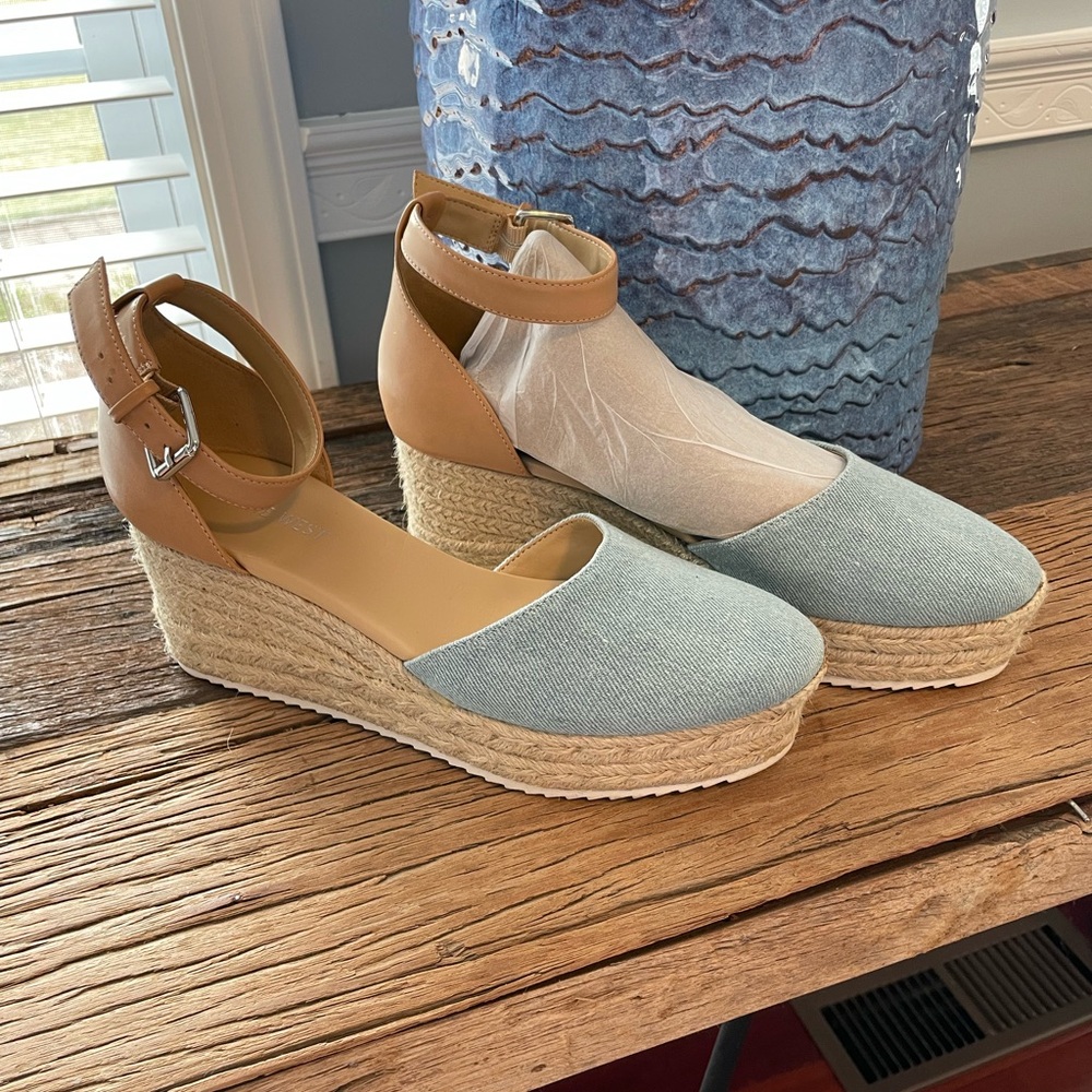 Nine West Light Blue and Tan Wedge Espadrilles - Picture 4 of 5